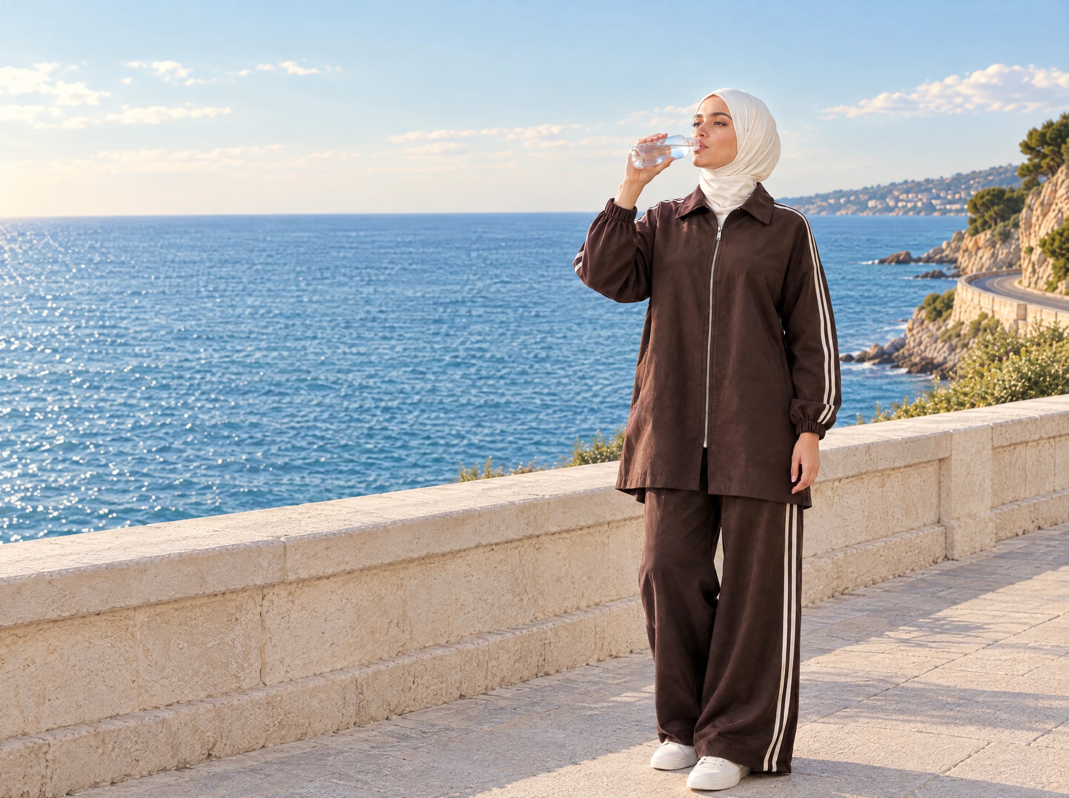 Une femme en hijab ivoire et ensemble chocolat boit de l’eau dans une bouteille transparente au bord d’une route côtière, face à la mer